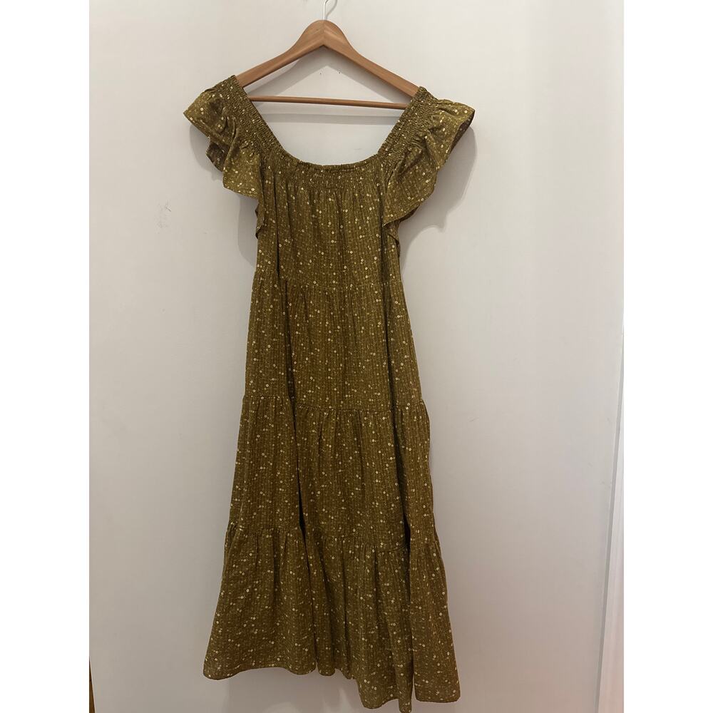 Madewell Women’s Ruffle Sleeve Tiered Midi Dress Daisy Stitch Olive Size Small
